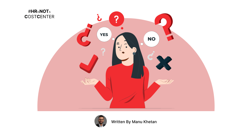 HR professional evaluating decisions with question marks, checkmarks, and yes/no symbols — representing the challenges of HR operations and the value of expert guidance in SAP SuccessFactors resource augmentation.