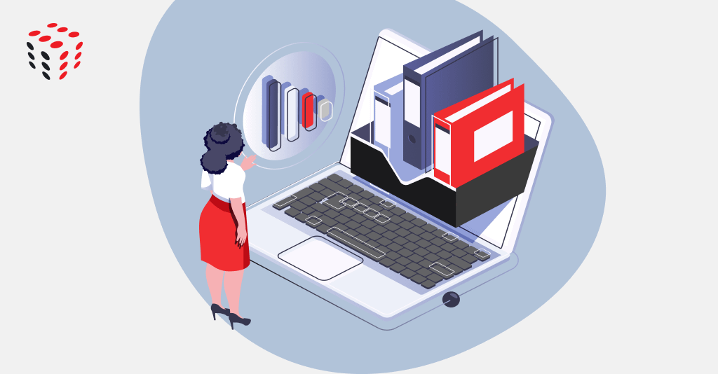 Illustration of an HR professional using a digital document management system on a laptop, representing ePFile’s seamless HR document organization and compliance.