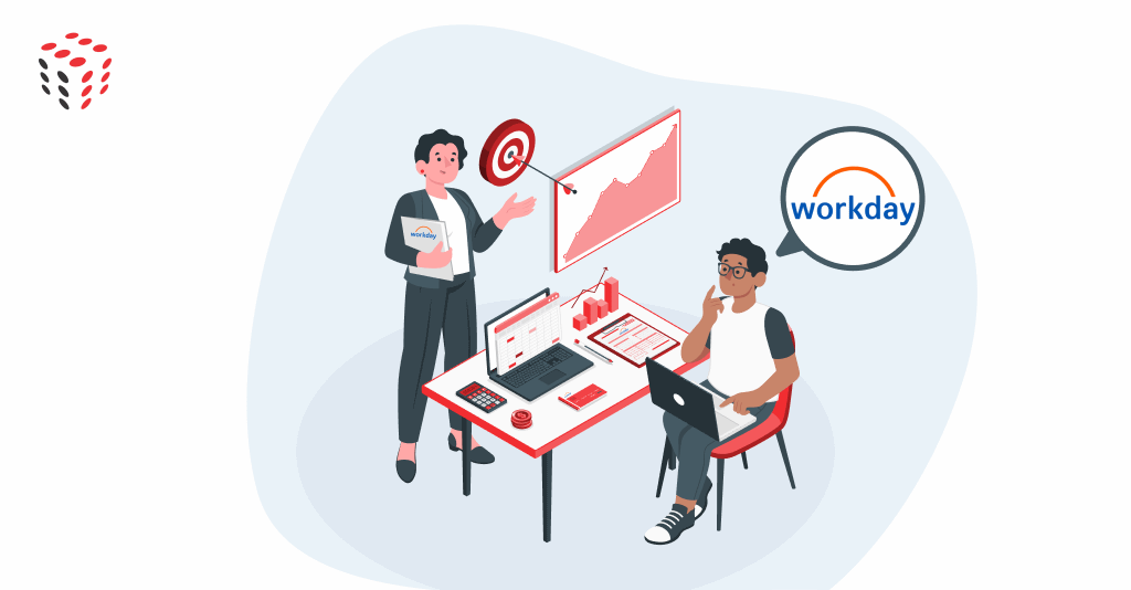 Workday implementation step-by-step guide illustration showing professionals analyzing data, planning processes, and preparing for a successful go-live with charts and laptops.