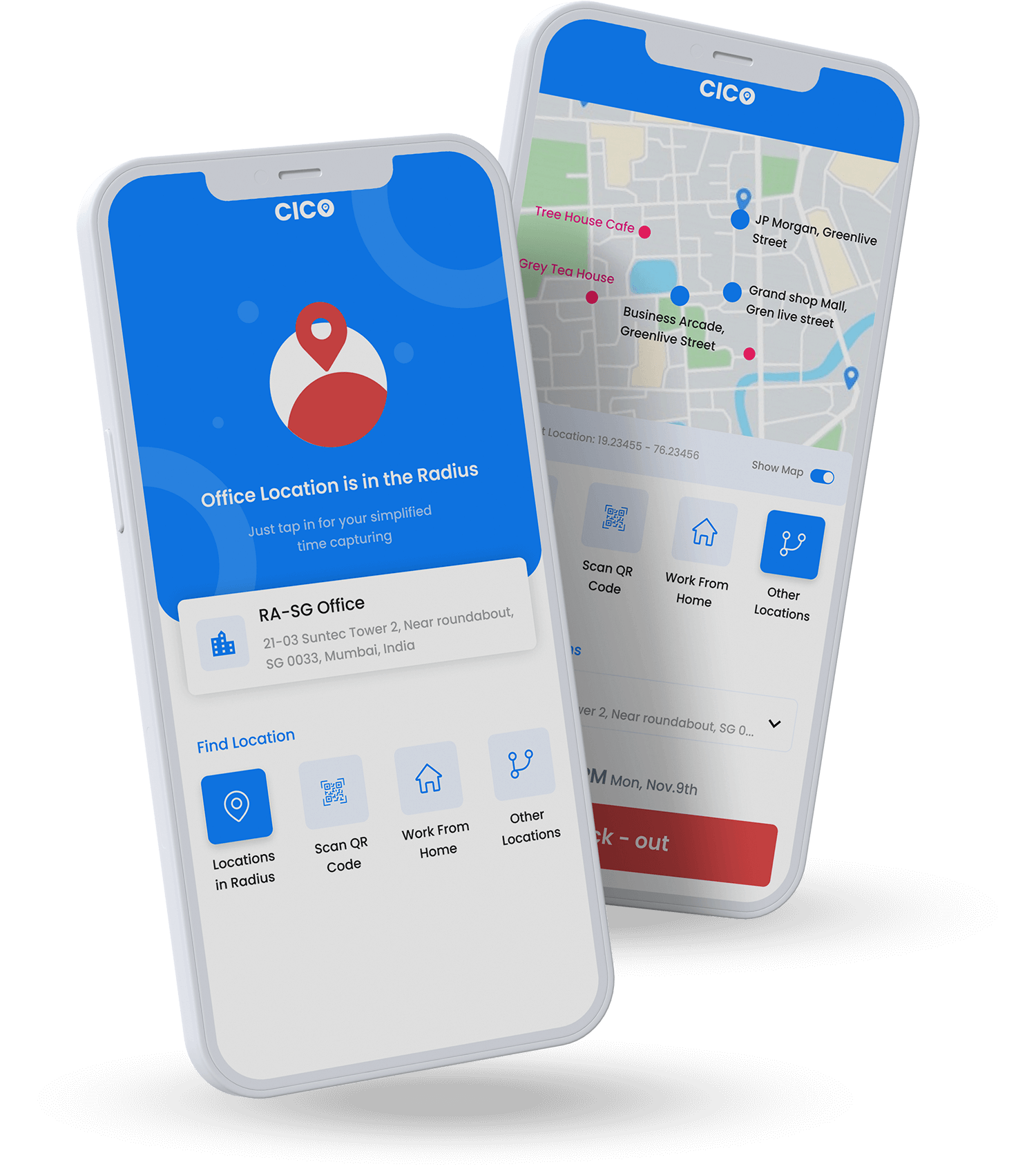 CICO mobile app showing location-based time capture and work from home options for SAP SuccessFactors