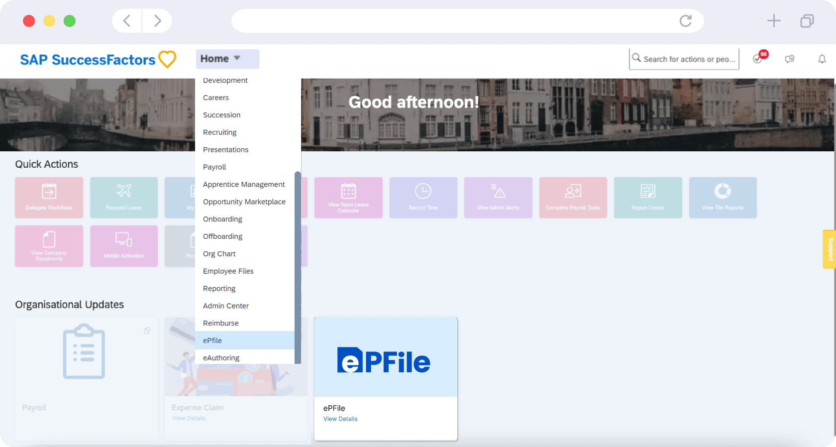 SAP SuccessFactors dashboard screenshot showing ePFile employee document management add-on integrated in the main menu.