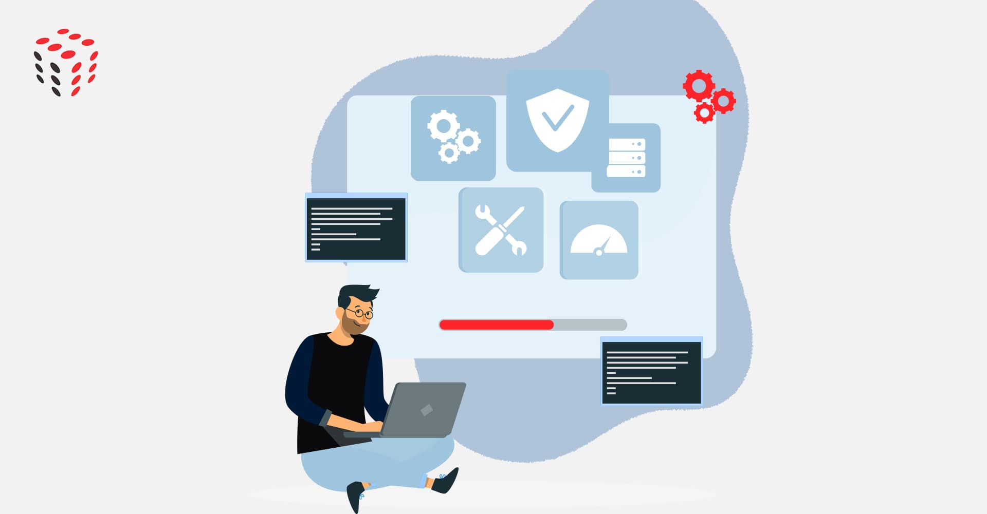 An illustration of a professional managing comprehensive application maintenance services for SAP SuccessFactors, represented by icons for security, optimization, and ongoing support.